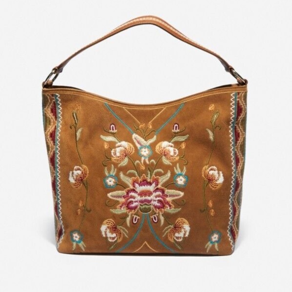 Johnny Was Floral Embroidered Suede Hobo HandBag *EUC